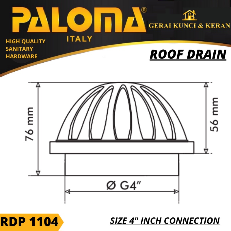 SARINGAN PEMBUANGAN TALANG AIR DAK ATAS ROOF DRAIN 4 INCH RDP 1104 PALOMA  CHROME BRASS KUNINGAN