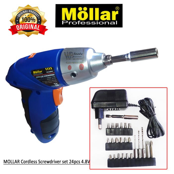 Mesin Bor Obeng Screwdriver Set Mata 24Pc 1/4Inch MOLLAR Cordless 4.8V