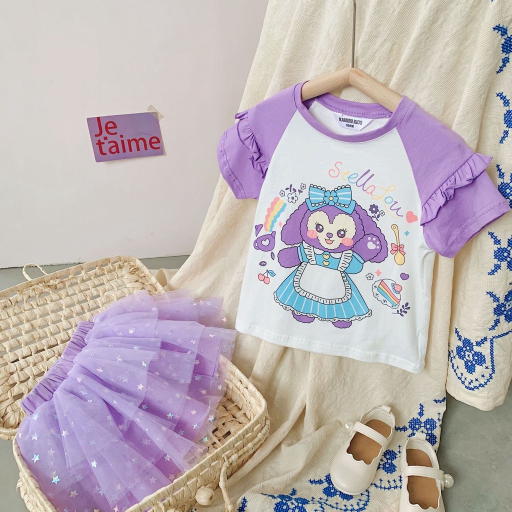 Setelan Anak Perempuan Kaos Stell Lou dan Rok Tutu Mesh Lucu Impor (Gratis Bando)