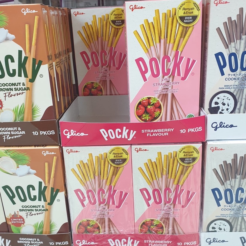 

Pocky Glico Stick Roti Biskuit Stik Berbalut Coklat Green Tea / Strawberry / Cookies Cream / Coconut Brown Sugar