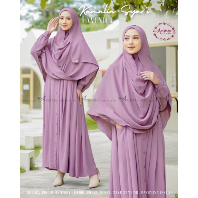 Gamis Terbaru KAMALIA Syari Airflow ori by AzQiara Set Pasmina Instan