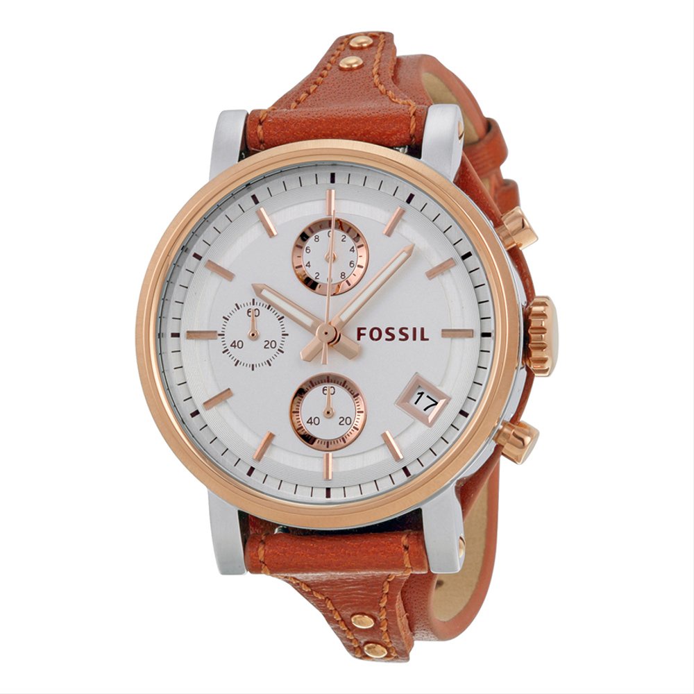 Jam Tangan Wanita ES3837 Chronograph Leather Strap Brown White