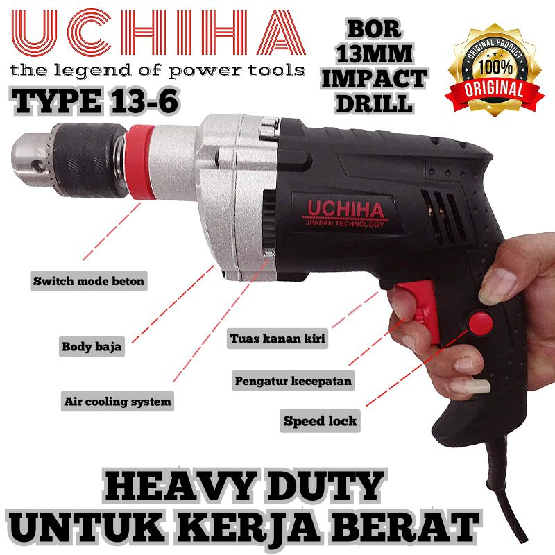 Mesin bor 13mm koper impact drill Uchiha besi kayu tembok beton sekrup obeng baut an