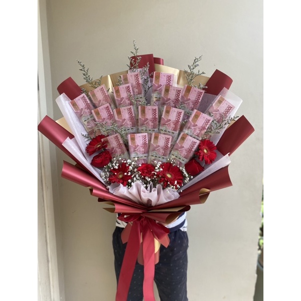 money bouquet simple elegant red bloody buket uang 25 lembar