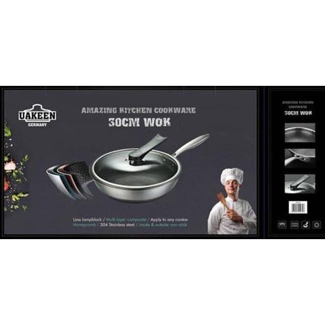UAKEEN Germany Wok 30 cm Wajan Stainless HONEY COMB Kuali Tutup Kaca