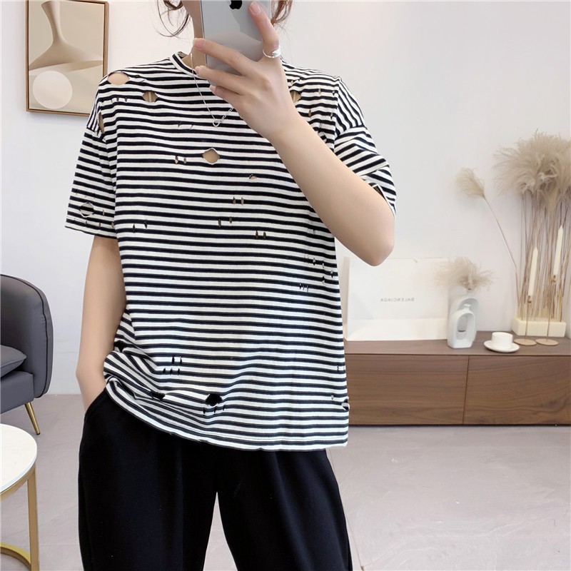 IBS-07 high quality import ripped strip blouse shirt wanita korea jepang