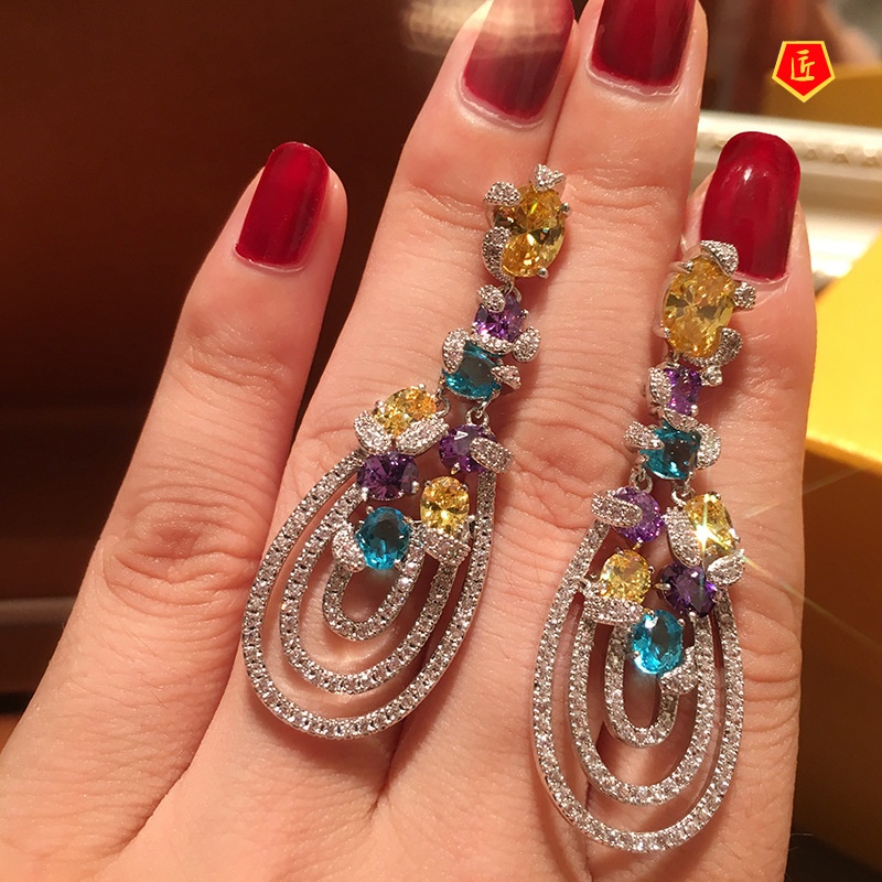 [Ready Stock]Fashion Dignified Gemstone Tassel Earrings