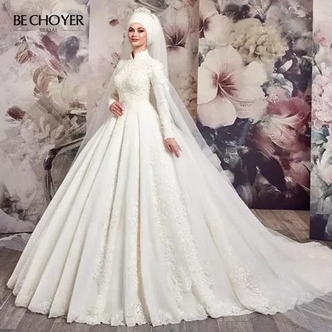 Muslim Beaded Appliques Wedding Dress Long Sleeve Ball Gown
