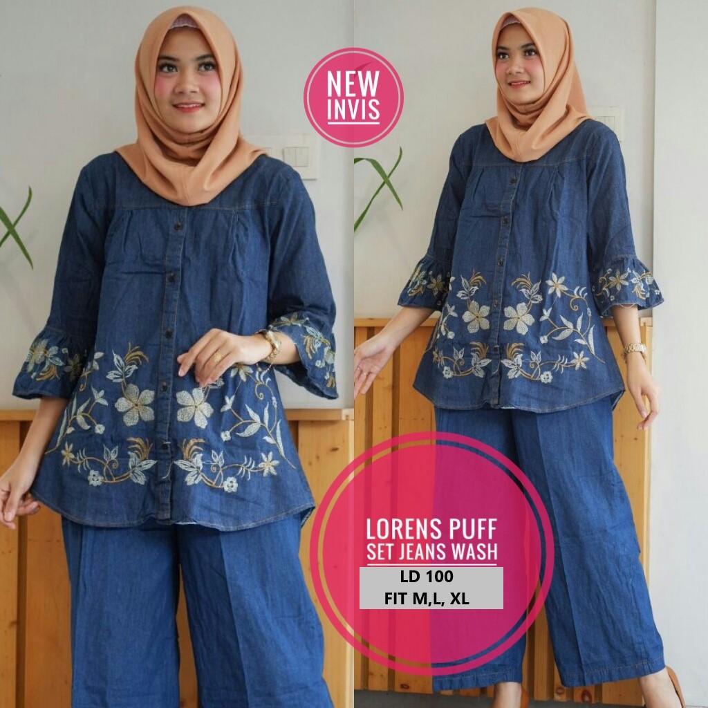 lorens puff setelan bordir bunga kulot ori kekinian HQ