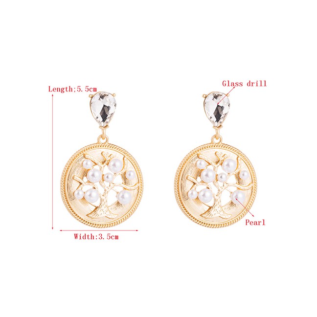 LRC Anting Tusuk Fashion White Life Tree Alloy Diamond And Pearl Geometric Round Earrings