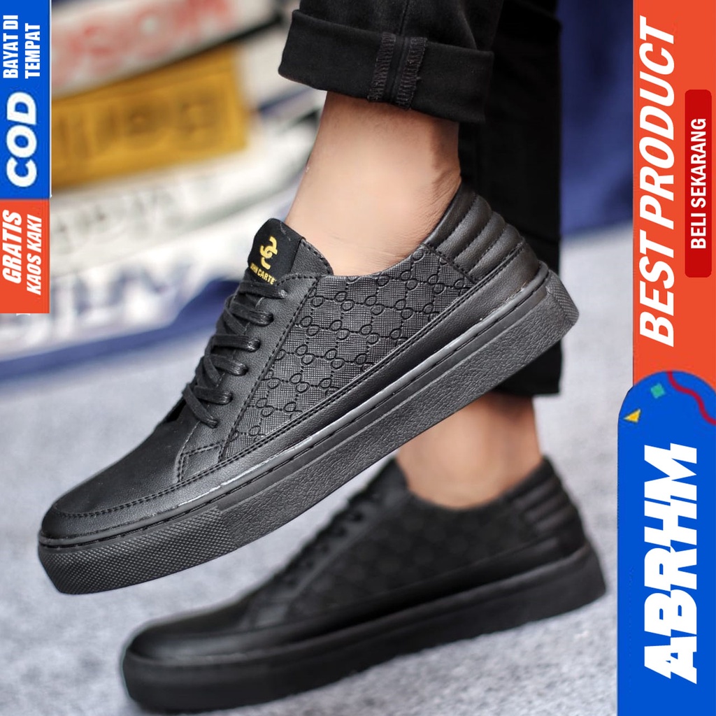 Sepatu Casual Pria Sneakers Hitam Kasual Kulit Pu Kekinian Kerja Kuliah Kantor Fashion Shoes Terbaru ABRHM ALTERIO