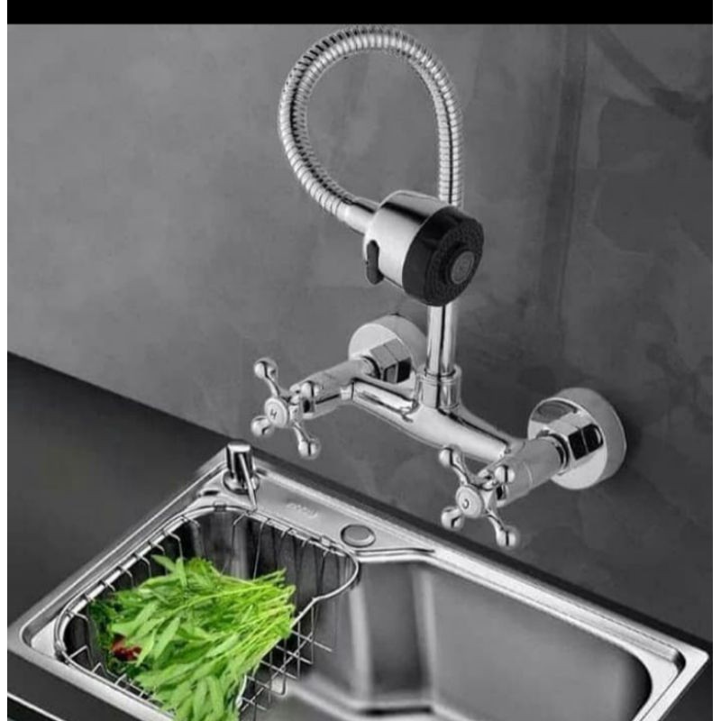 kran Kitchen sink panas dingin Kuningan flexible dinding puter dua kran dapur Cuci piring