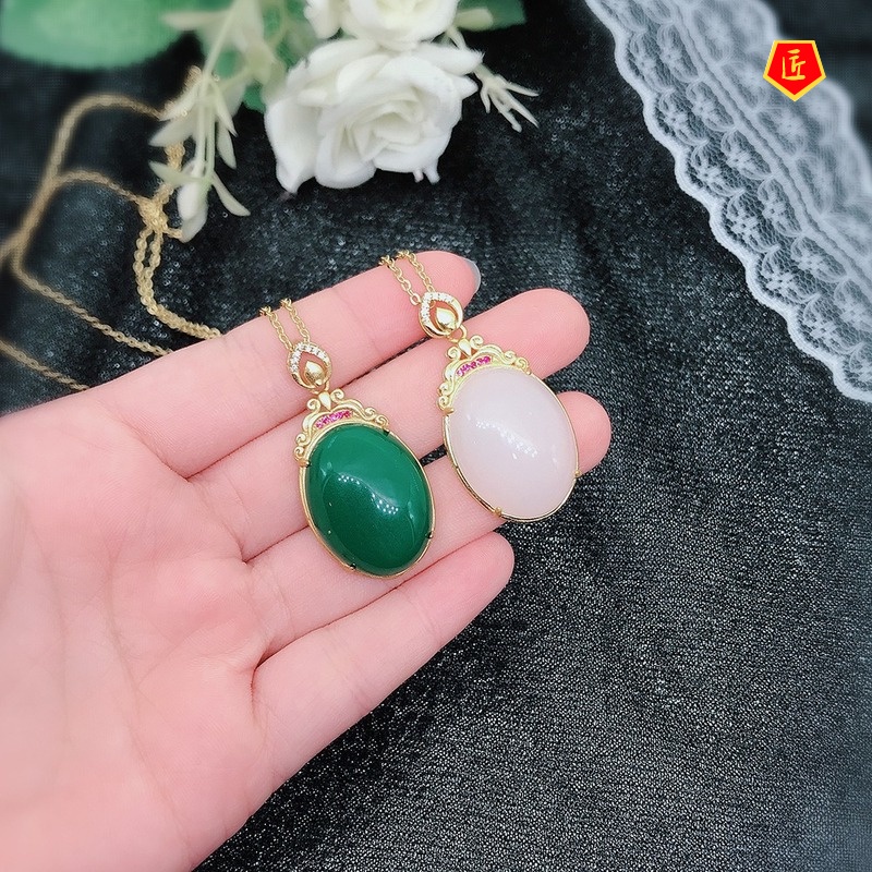 [Ready Stock]Hetian Chalcedony 24K Gold Pendant Inlaid Jade Necklace Women's Elegant Fashion