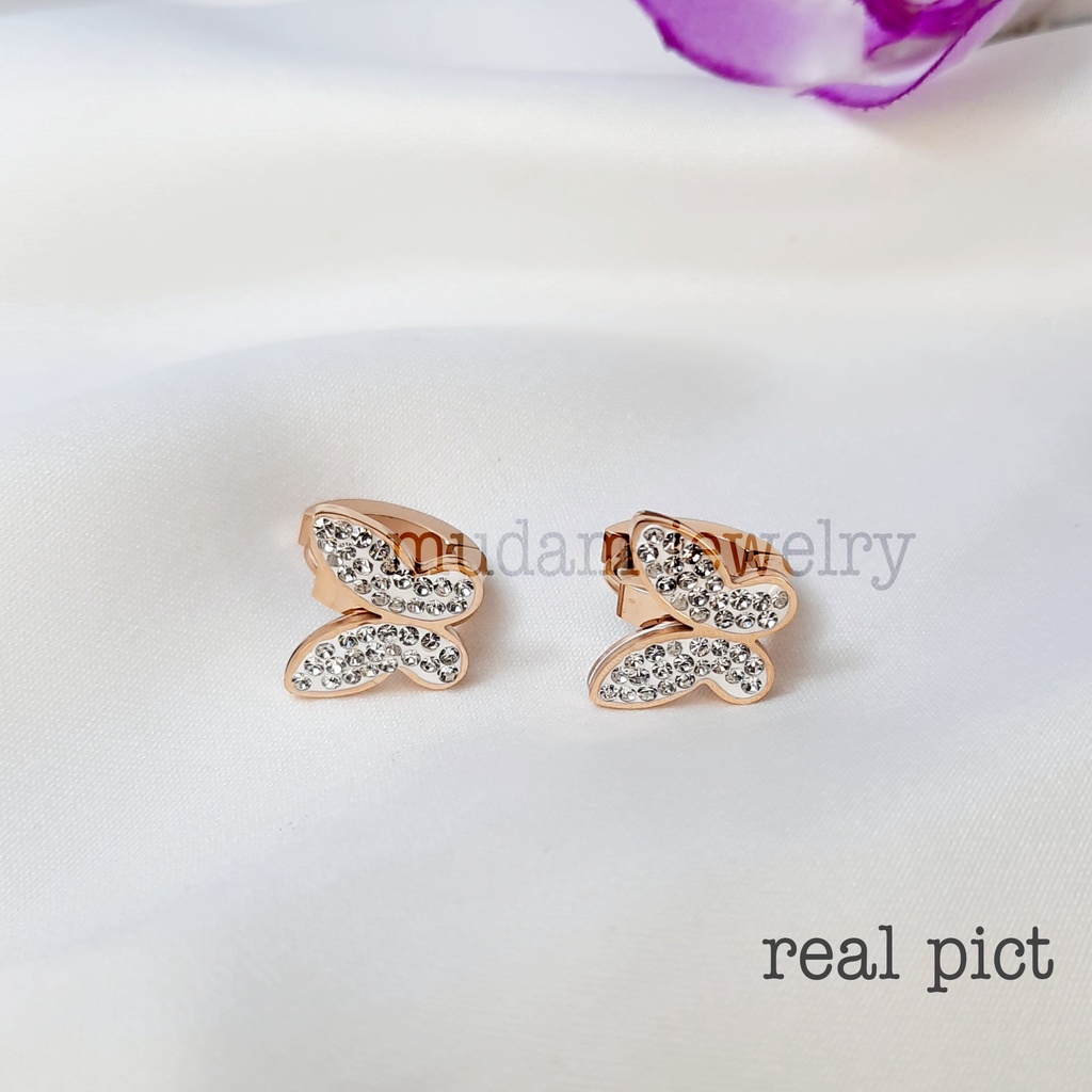 Anting Jepit Titanium Kupu - Kupu Taburan Kristal Artifisial Elegan dan Simple Warna Rose Gold, Gold dan  Silver