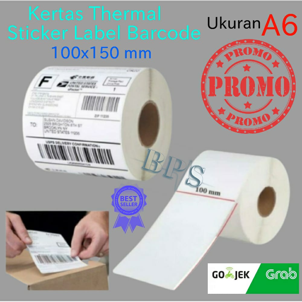 Kertas Thermal Label Sticker Barcode model ROLL 350pcs Ukuran A6 100x150/Stiker Termal 100 x 150 350lbr Tanpa Ribbon