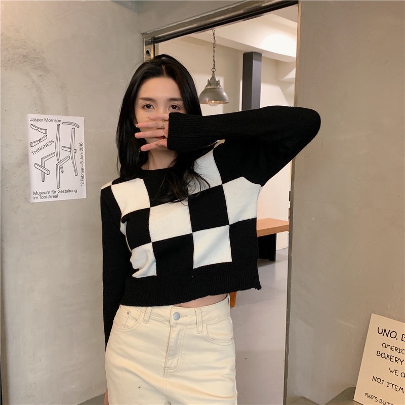 rajut crop top kotak kotak lengan panjang atasan import sweater korea