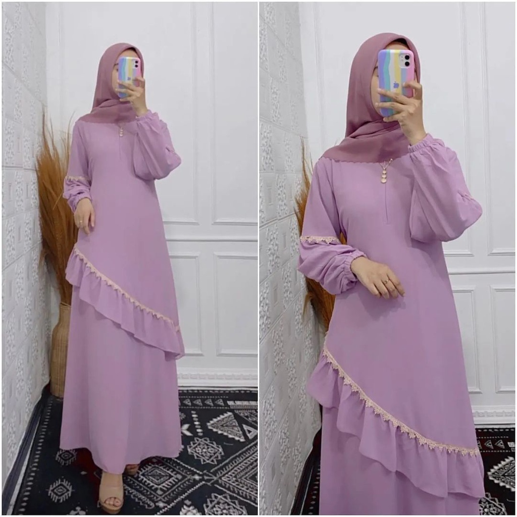 Gamis Ceruty Mix Renda Dress Malaysia Lengan Balon Gamis Busui Baju Muslim Wanita Jumbo Melisa Dress