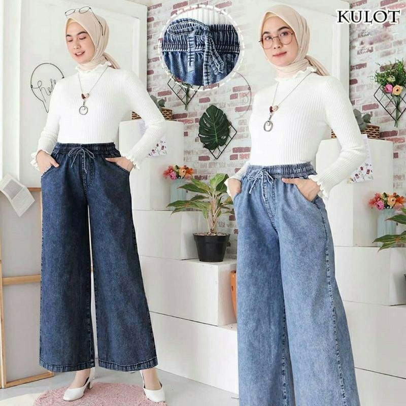 KULOT Jeans kulot masa kini - all size - pinggang karet - tali depan -  bahan denim