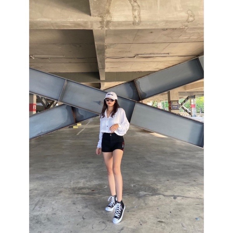 Tq88indonesia Baju Kemeja Cewek BELFIE CROP / Atasan Wanita Terbaru / Kem Polos Lengan Panjang / Ootd Kekinian