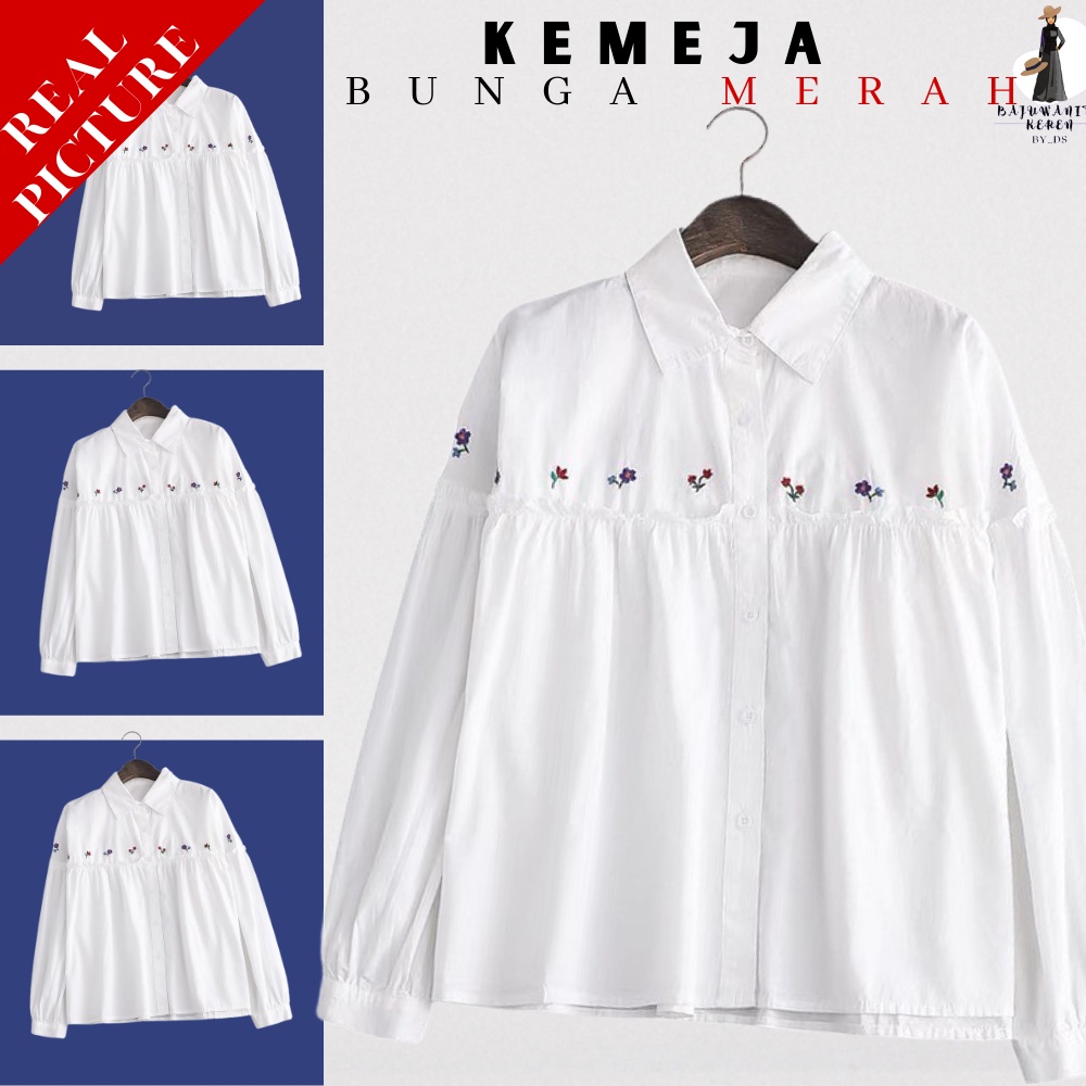 BajuWanitaKekinian_byds_Baju Kemeja Atasan Wanita Kerja Model Bordir Warna Putih Polos Bordir Motif 