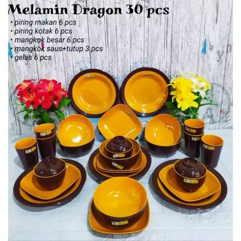 PIRING SET MELAMIN GOLDEN DRAGON ISI 30PCS