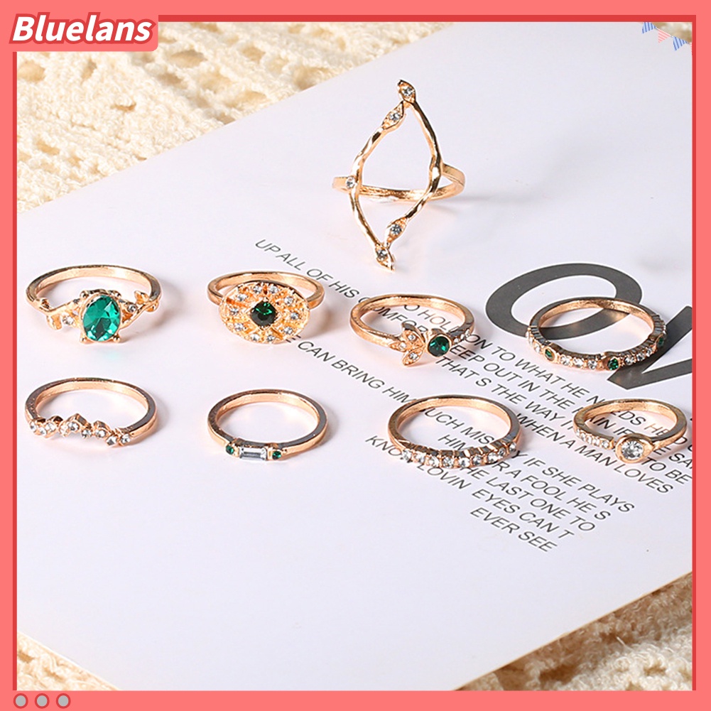 Bluelans 9Pcs / Set Cincin Buku Jari Aneka Bentuk Aksen Berlian Imitasi Untuk Wanita