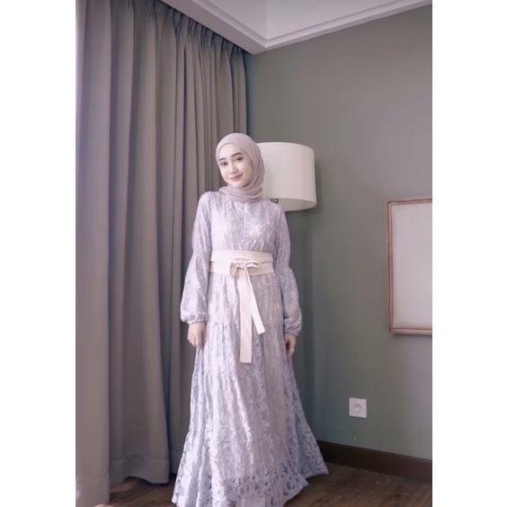 Shinta Premium Maxi Brokat Import Dress with Obi Belt / Gamis Brukat Pesta Wanita Mewah Elegant Busui Friendly dengan Sabuk