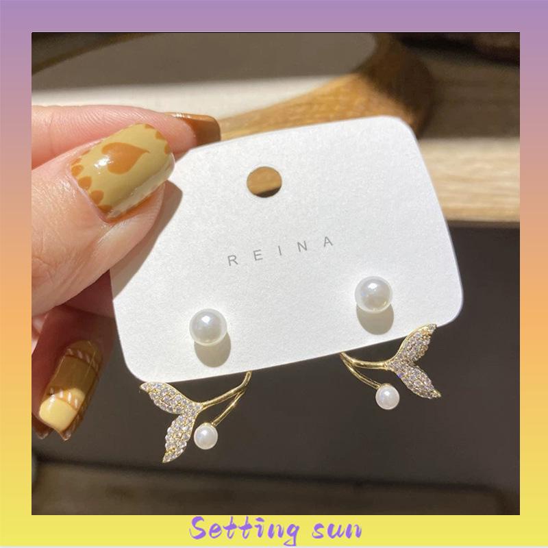 Anting 925 Perak Jarum Ikan Korea Ekor Mutiara 2021 Baru Trendi Elegan Fashion Stud Earrings TN