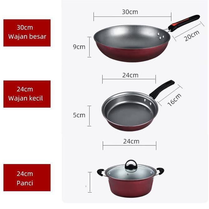 SEGERA MILIKI!! Panci Wajan Teflon Set isi 3 pcs Teflon Penggorengan Set Wok Pan Panci Serbaguna Bisa Untuk Kompor Induksi Free Tutup Kaca Ibu-ibu wajib punyaTG-5