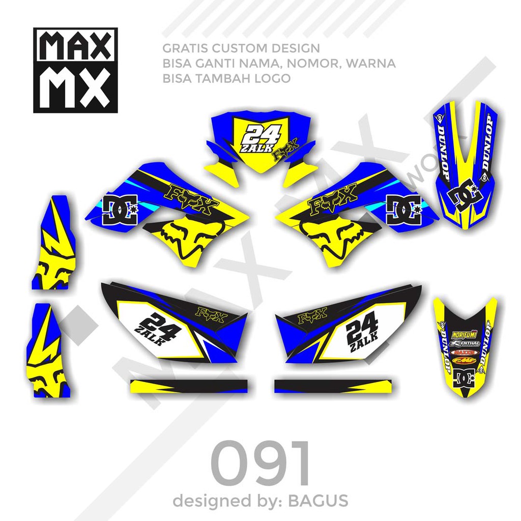 MX-01091 decal klx 150 biru kuning motif fox