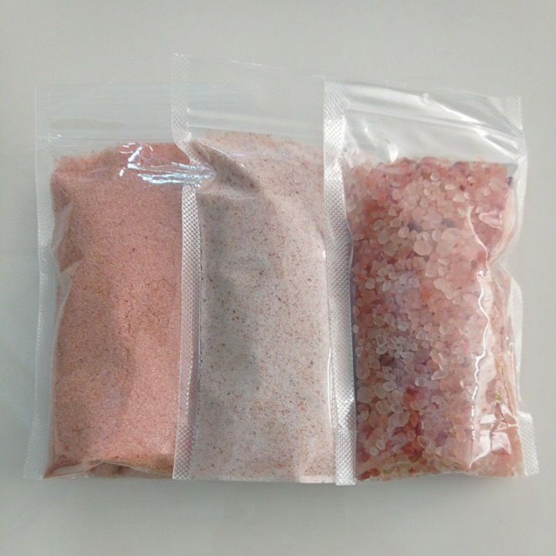 

Himalayan salt repack standing pouch 250gr, rocks, coarse and fine, garam himalayan batu, halus dan kasar