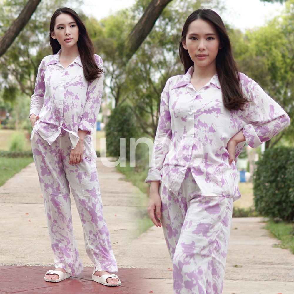 1 Set Tie Dye Lengan Panjang Purple - Baju Tidur Piyama