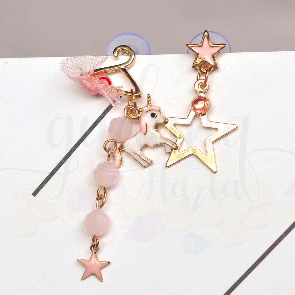 Anting Stud Hanging Unicorn and Star Ribbon Panjang Asimetris Unik Lucu GH 203569