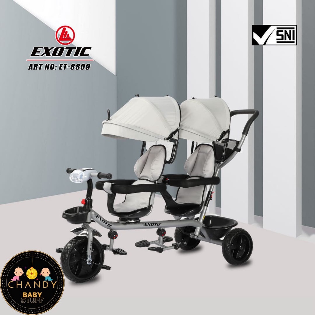 SEPEDA ANAK RODA TIGA EXOTIC ET 8809 TWIN ( SEPEDA KEMBAR KURSI BISA DIPUTAR, LAMPU DAN MUSIK )