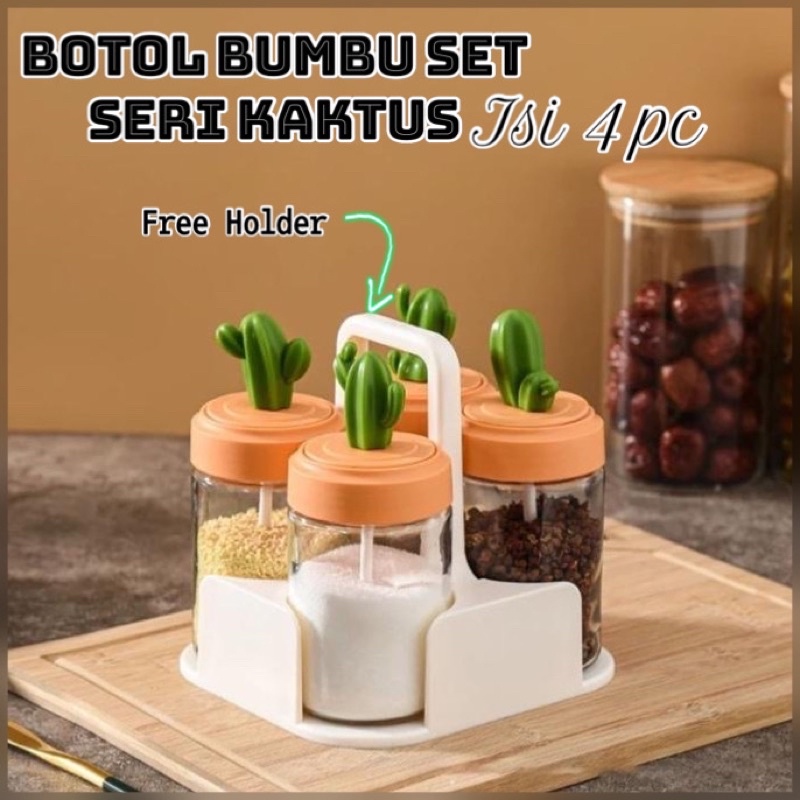 AZ Set 4pc+Holder Botol Bumbu Kaca Sendok Handle Kaktus Tempat Bumbu Dapur Rempah Garam