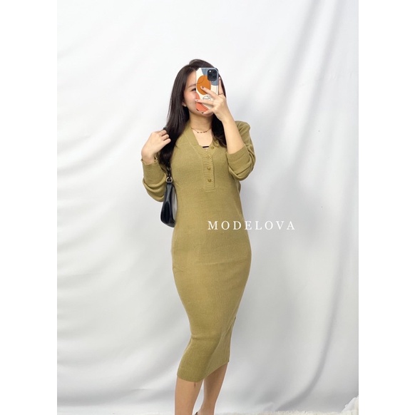 MDLV ~ Dress Monica Rajut Dres Rajut Bodycon Long Dress Lengan Panjang Fashion Wanita