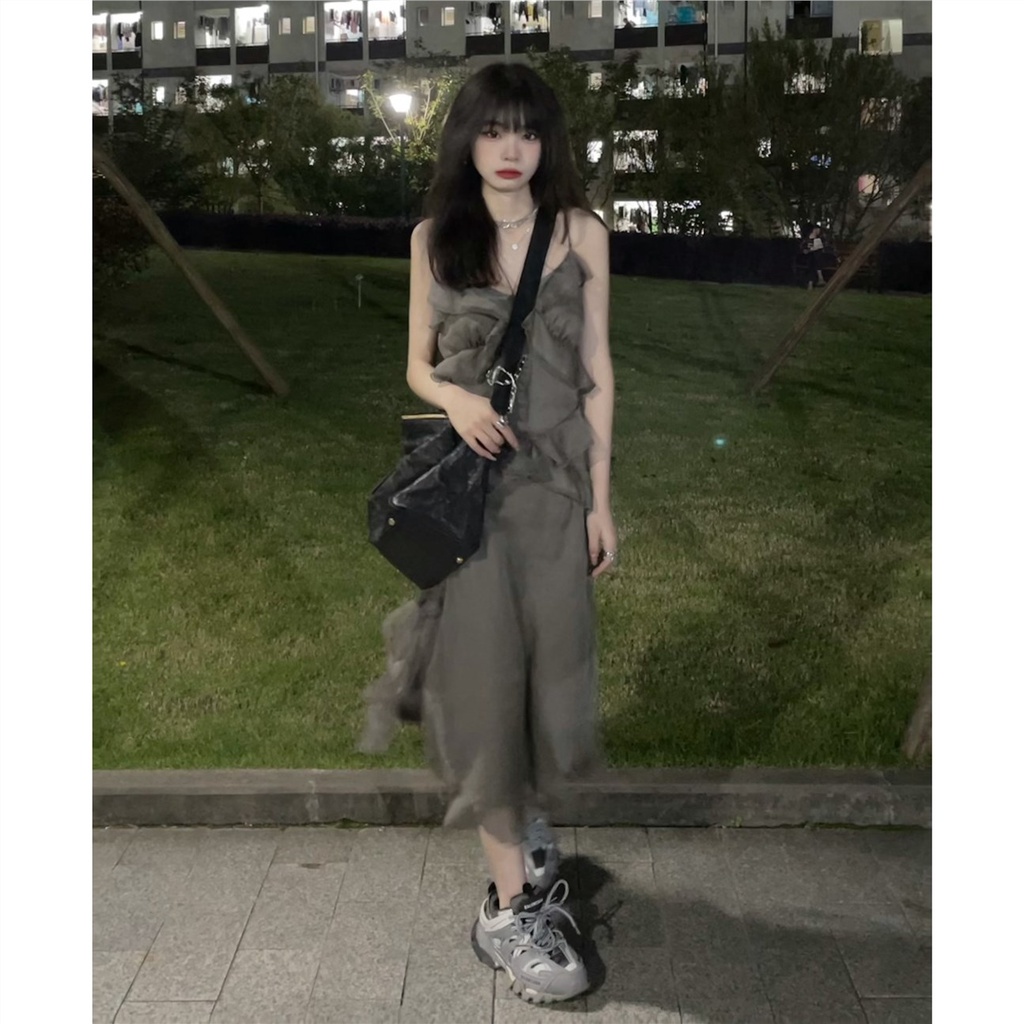 Mini Dress mengacak-acak rok suspender wanita musim panas pinggang ramping gaun desain rok mid-lengt