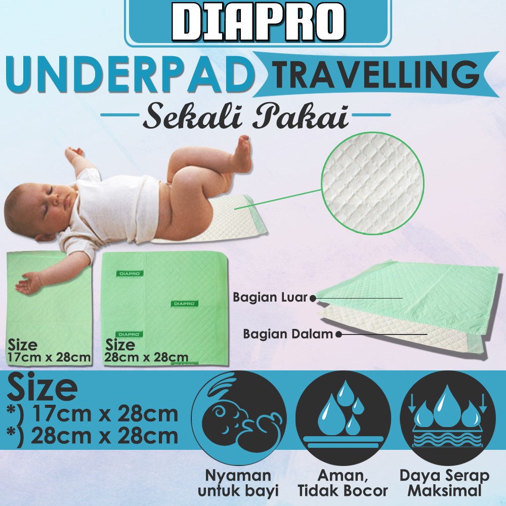 DIAPRO UNDERPAD VALUE - Perlak Ompol Travelling Sekali Pakai 17cm x 28cm, 28cm x 28cm, 89cm x 56cm