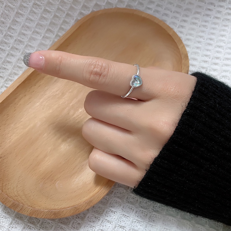 Girl Cute Love Heart-Shaped Ring Peach Heart Moonstone Korean Style Sweet Open Adjustable Ring