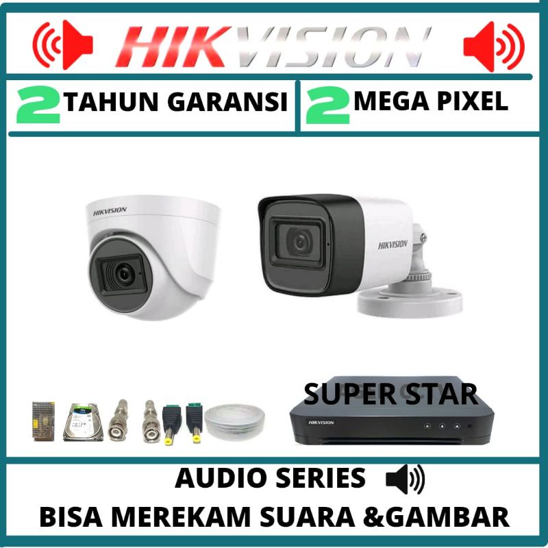 PAKET CCTV HIKVISION 4 CHANNEL 2 KAMERA 2MP AUDIO SERIES BISA MEREKAM SUARA DAN VIDEO KOMPLIT