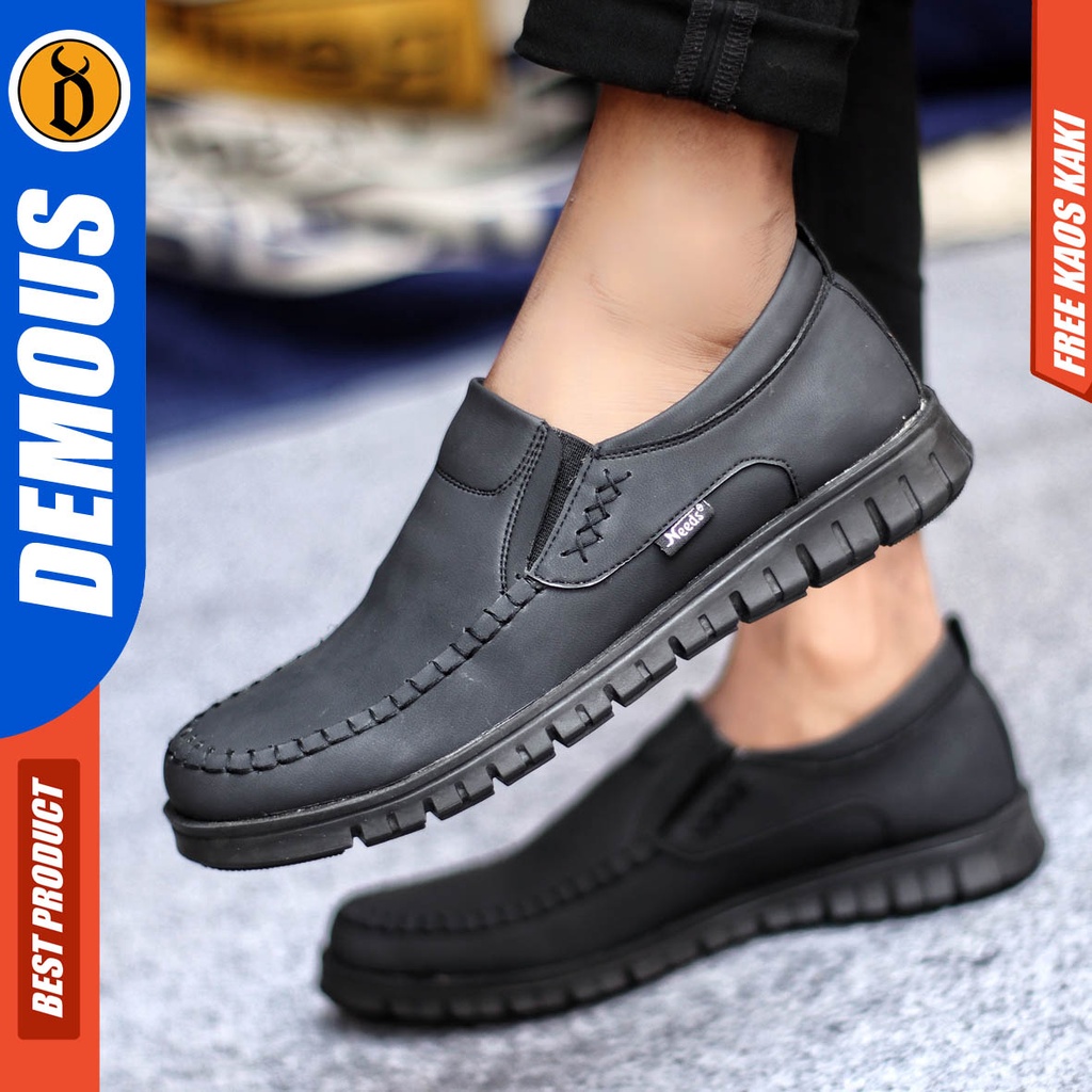 Sepatu Kasual Pria Casual Formal Slip On Kulit Pu Kerja Hitam Coklat Demous Bleno