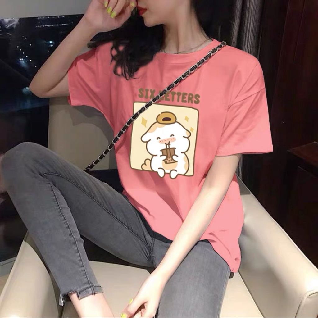 Oversize Tee Wanita Motif Cute Hamster With Boba