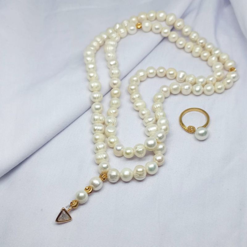 Tasbih mutiara air tawar 99 butir dan cincin