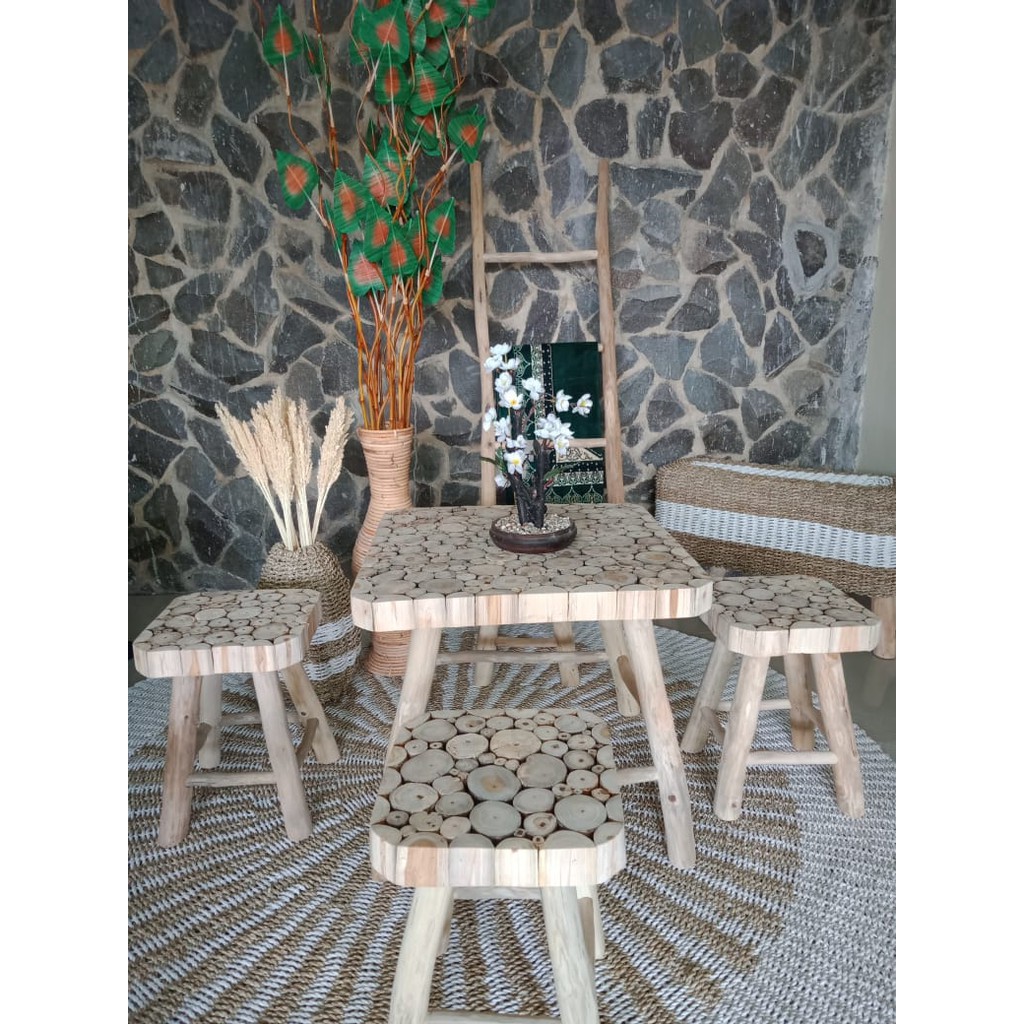 MEJA KURSI TERAS SATU SET/ MEJA KURSI TAMAN UNIK ARTISTIK DARI POTONGAN KAYU JATI MURAH
