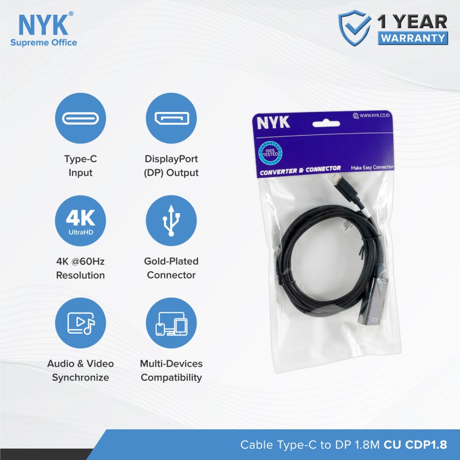 NYK Kabel Type C to Display Port Gold Plate 4K