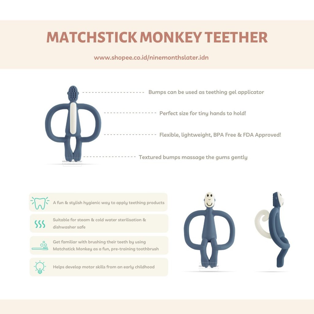 Matchstick Monkey Teether Baby Teething Toy Bayi Gigitan Gusi Anak Bayi Sikat Gigi Mainan Applicator-1