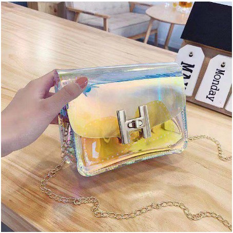 (COD) Tas Wanita Transparan Rainbow Tas Jelly Crystal Import T60 /Tas Selempang