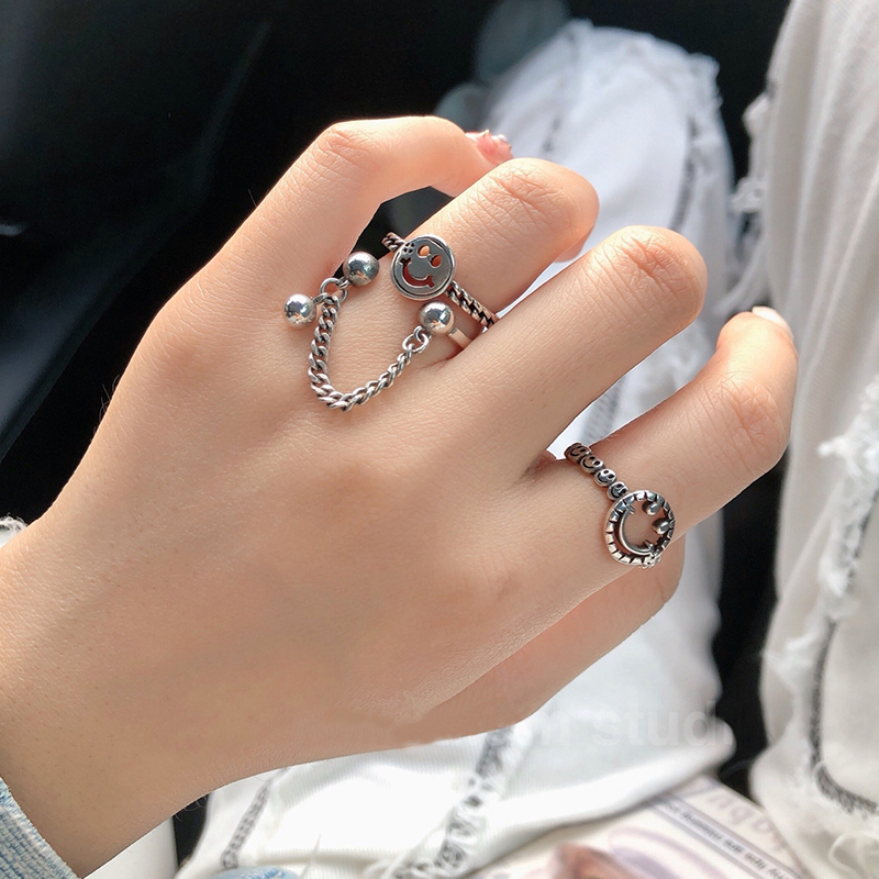 Cincin Motif Smiley Face Bahan S925 Silver Plated Gaya Korea Untuk Wanita