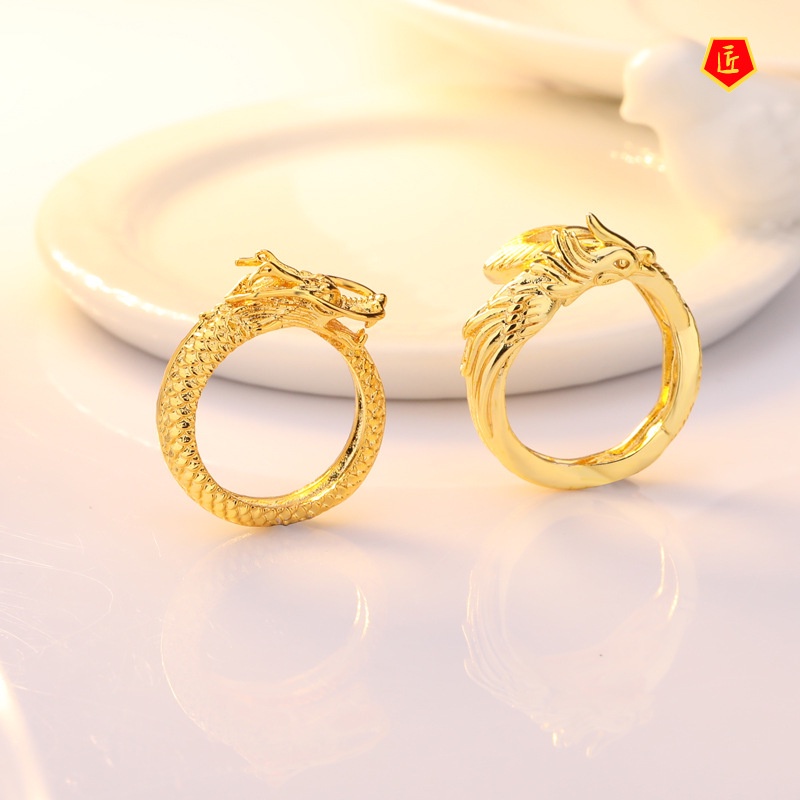 [Ready Stock]Temperament Personality Golden Dragon and Phoenix Couple Rings