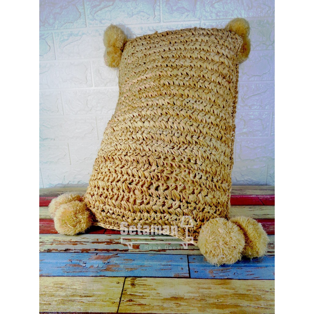 Bantal Sofa Pompom Natural Bahan Alami Anyaman Gajih